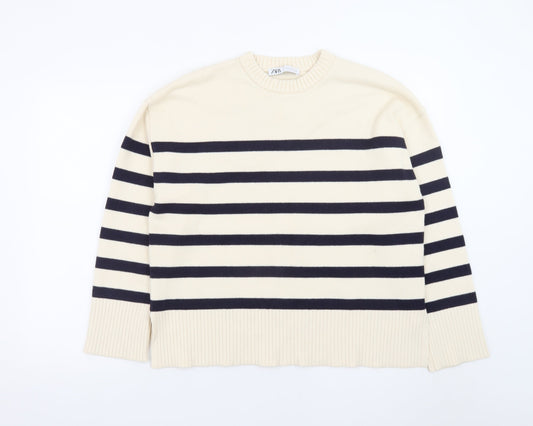 ZARA Womens Beige Striped Crew Neck Cotton Knit Jumper Size 12