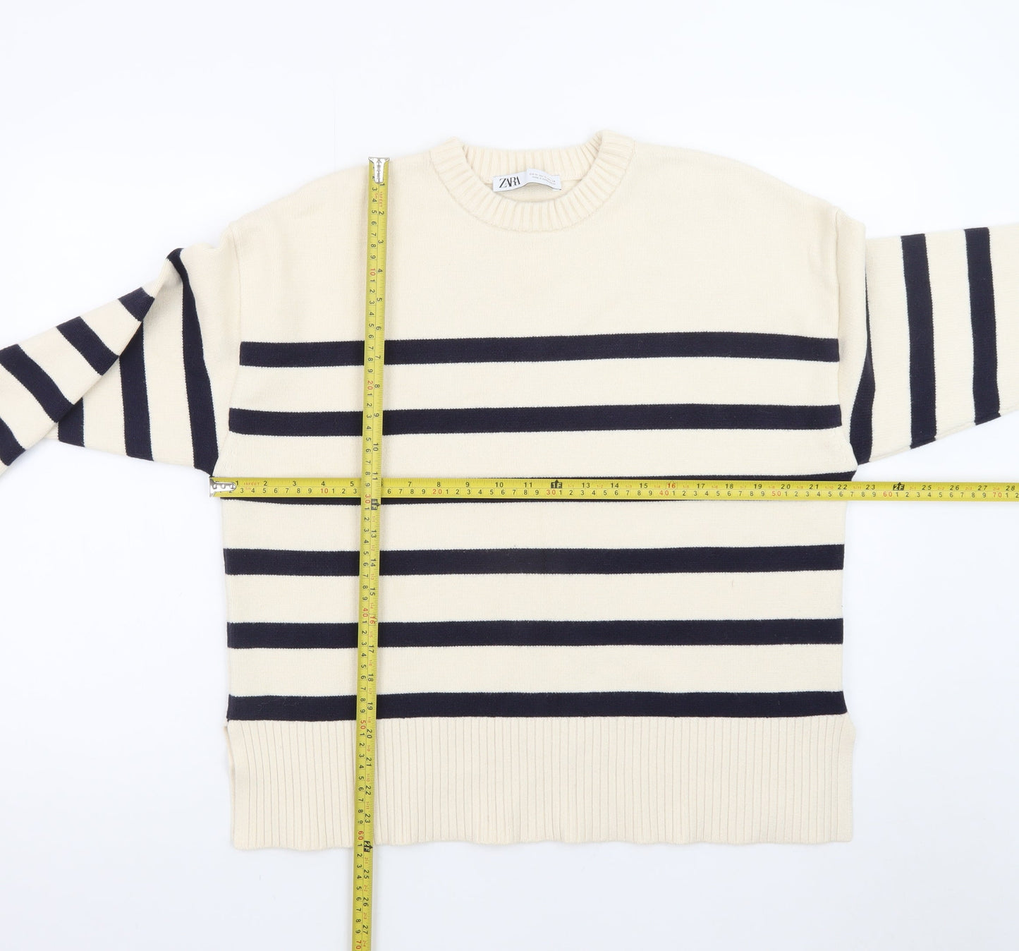 ZARA Womens Beige Striped Crew Neck Cotton Knit Jumper Size 12