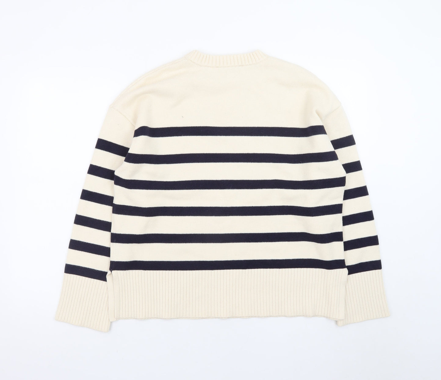 ZARA Womens Beige Striped Crew Neck Cotton Knit Jumper Size 12