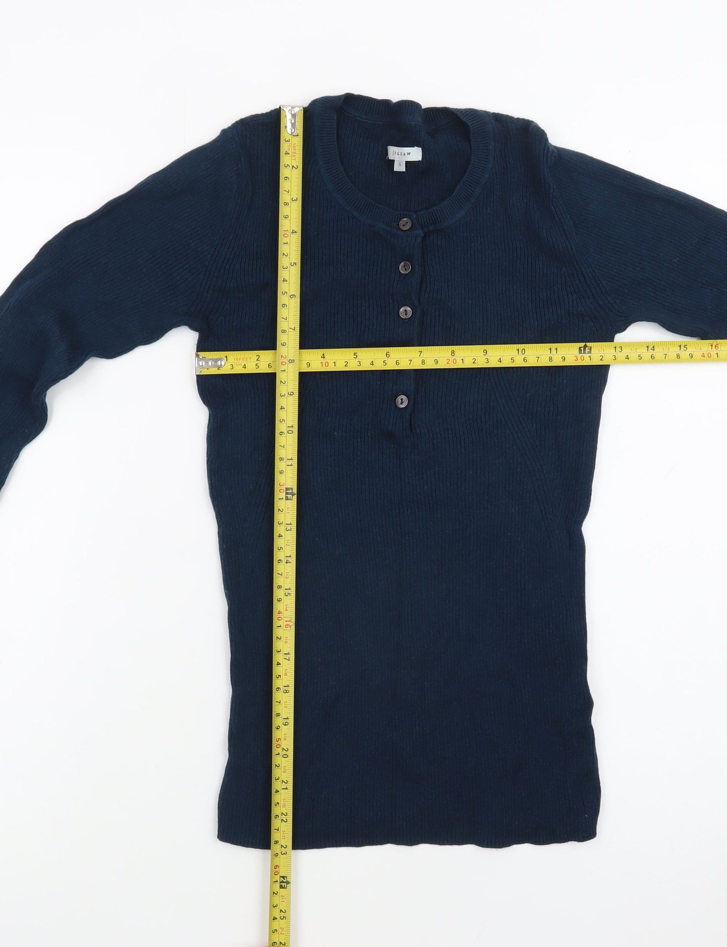 Jigsaw Women's Blue Henley Knit Jumper Size S Cotton Cashmere Blend