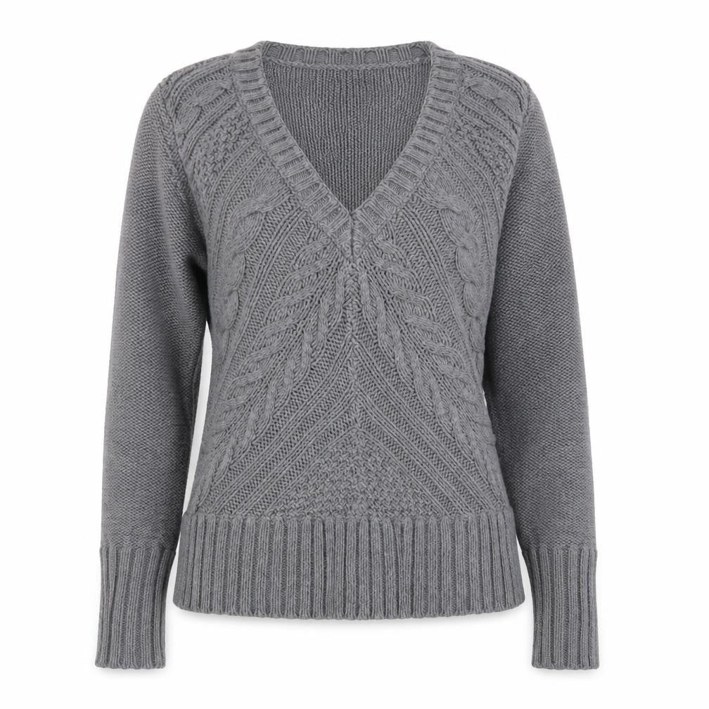 Marks & Spencer Women Grey Size 12 Cable-Knit V-Neck Jumper