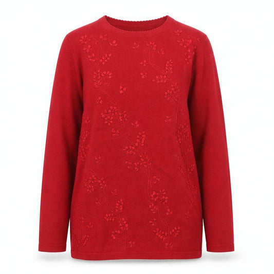 Jumper Women Red Wool Blend Floral Embroidered Pullover S