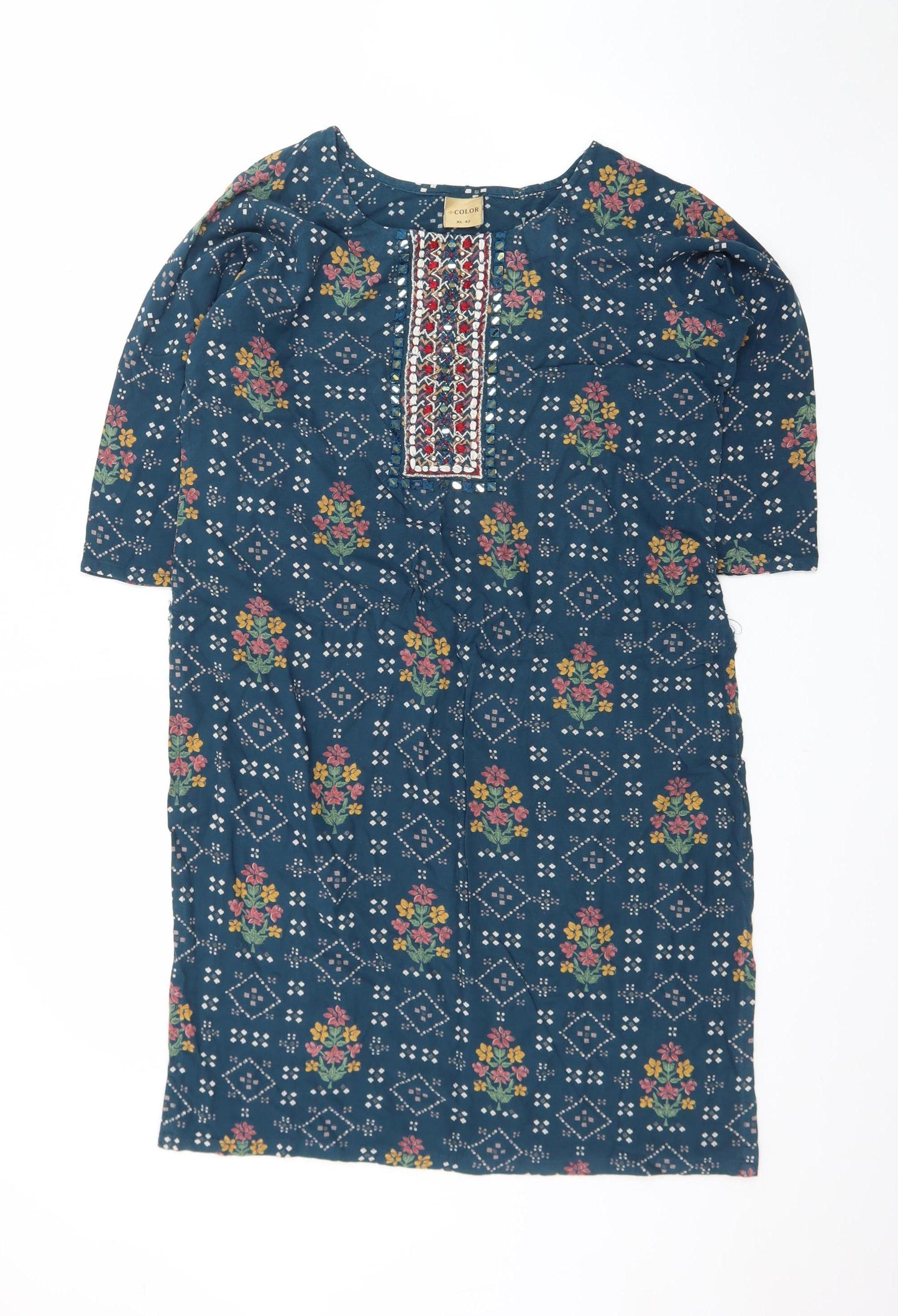 +Color Women Blue Floral Embroidered Shift Dress XL