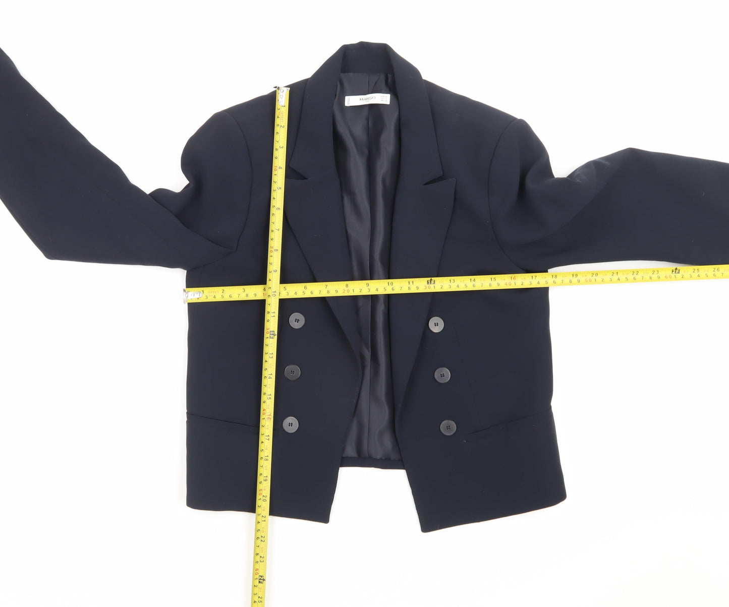 Mango Women Black Cropped Polyester Blazer Size 12 Classic Fit