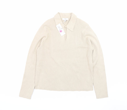 Marks and Spencer Men Beige XL Collared Knit Pullover Jumper