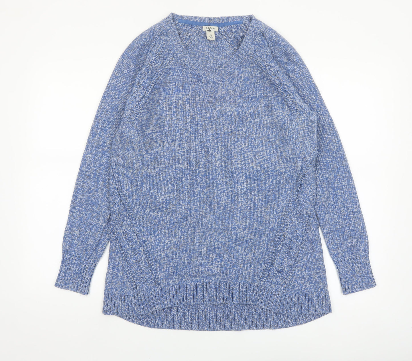 L.L.Bean Women's Blue Cotton V-Neck Cable-Knit Jumper Size M