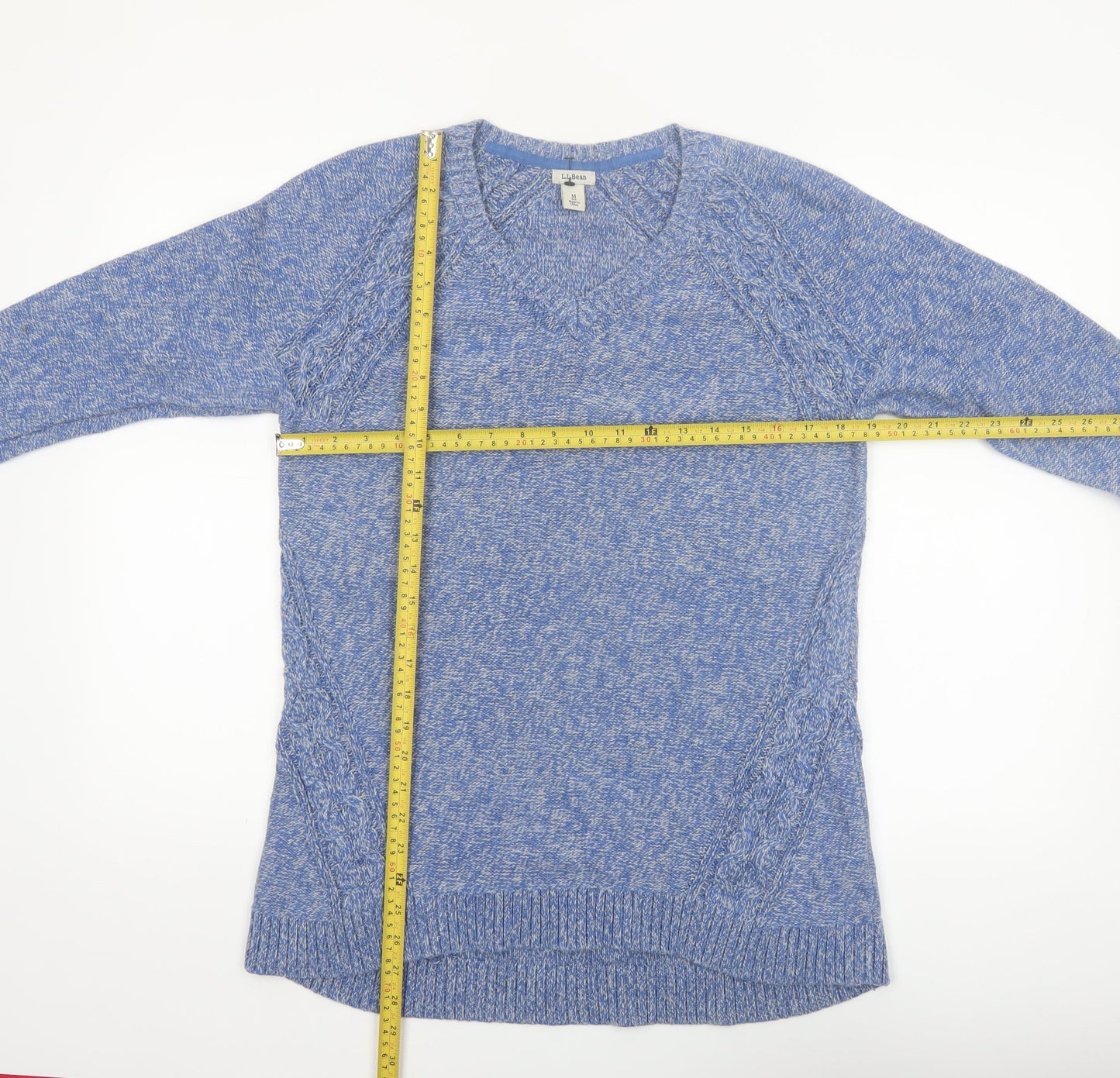 L.L.Bean Women's Blue Cotton V-Neck Cable-Knit Jumper Size M