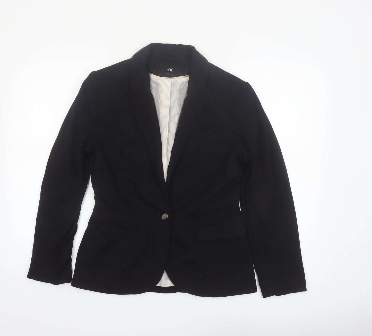 H&M Women Black Tailored Notch Lapel One-Button Blazer UK 12