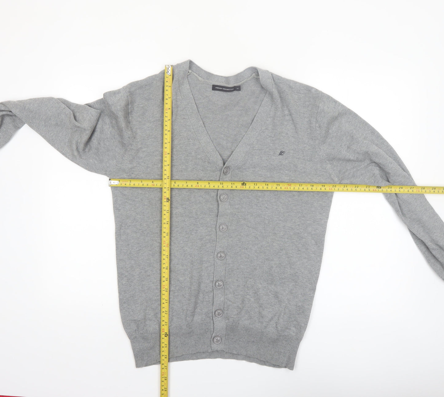 French Connection Men's Grey Cotton V-Neck Cardigan M