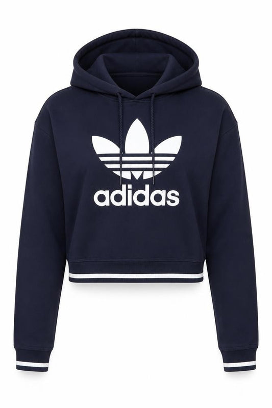 Adidas Women Navy Blue Cropped Pullover Hoodie UK 8 Logo Sportswear