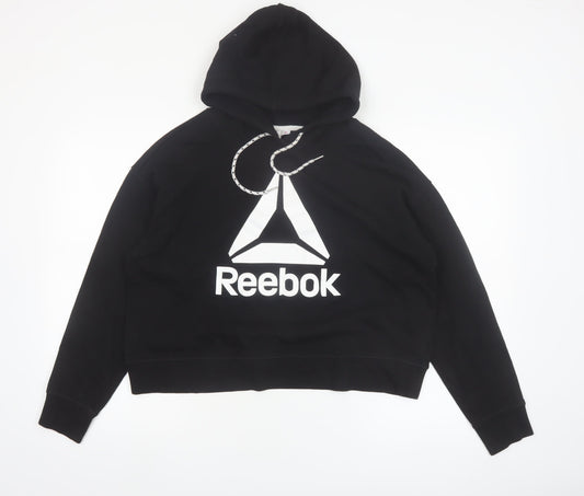 Reebok Womens Black Pullover Hoodie L Cotton Blend Logo Hooded Sweatshirt