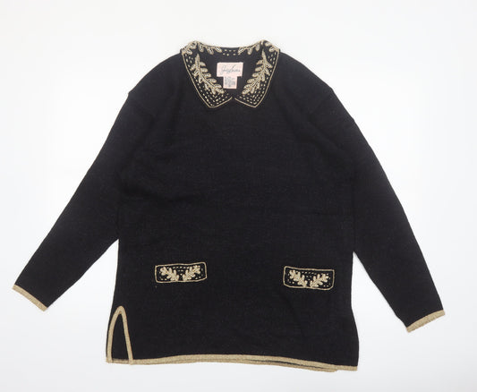 Jaclyn Smith Women Black Collared Embroidered Pullover Jumper M