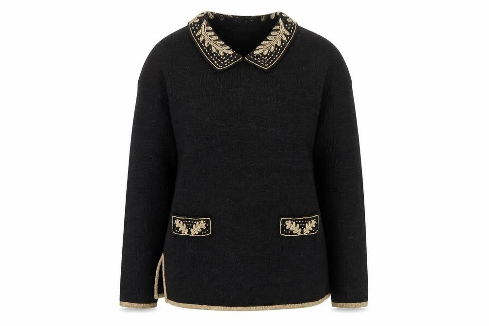 Jaclyn Smith Women Black Collared Embroidered Pullover Jumper M