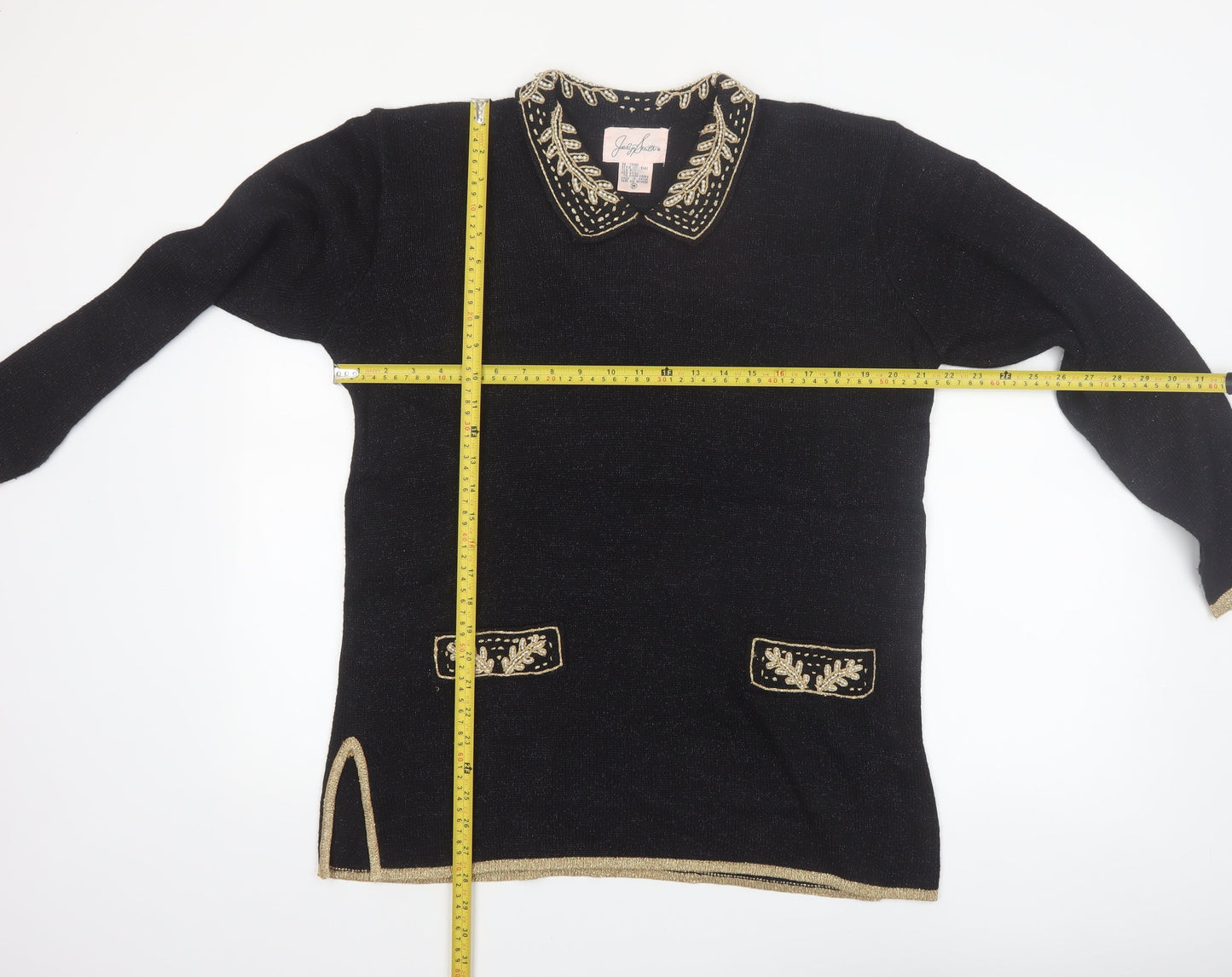 Jaclyn Smith Women Black Collared Embroidered Pullover Jumper M