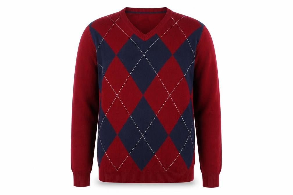 Club Room Men's Red Argyle V-Neck Cotton Jumper Size M