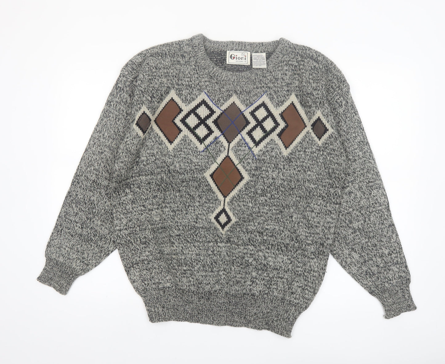 Gioni Designs Men's Grey Argyle Acrylic Knit Jumper M