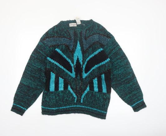 Donagain Women's Green Black L Pullover Jumper 80s Geometric Knit Acrylic Wool