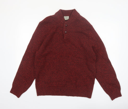 L.L.Bean Men's Red Wool Henley Jumper M Regular Lambswool Classic Knit