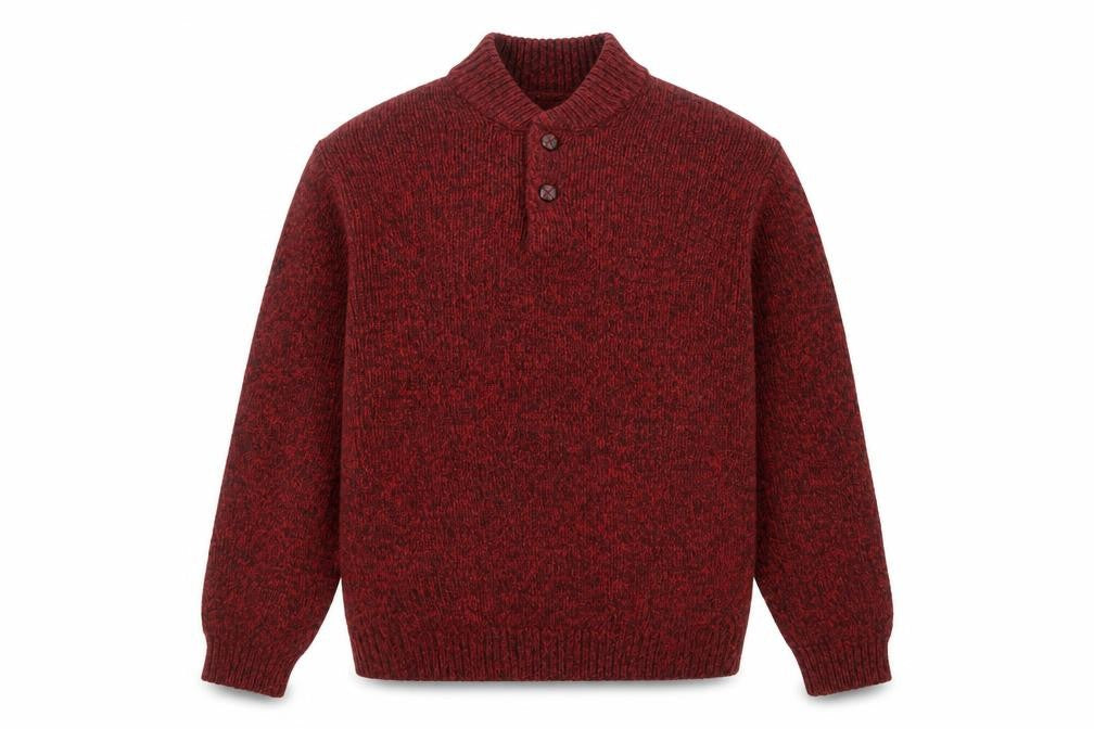 L.L.Bean Men's Red Wool Henley Jumper M Regular Lambswool Classic Knit