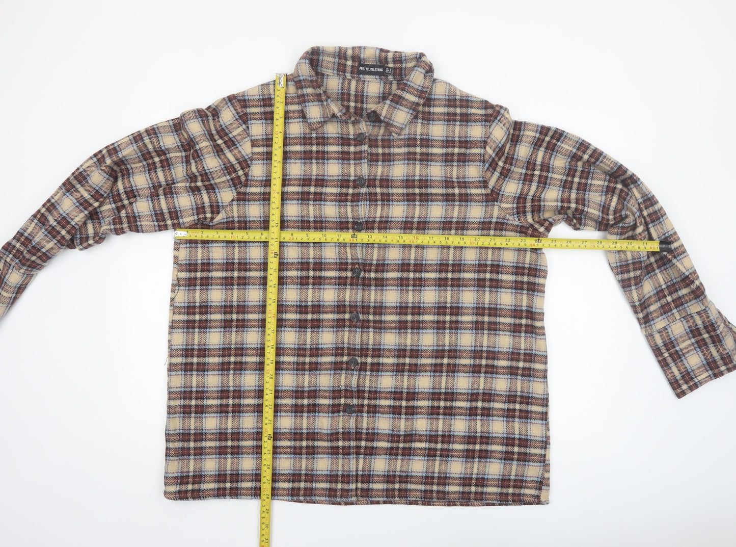 PrettyLittleThing Women Beige Checked Flannel Jacket Size 6