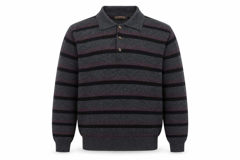 New Sensation Men's Grey Striped Wool Blend Collared Pullover Jumper L