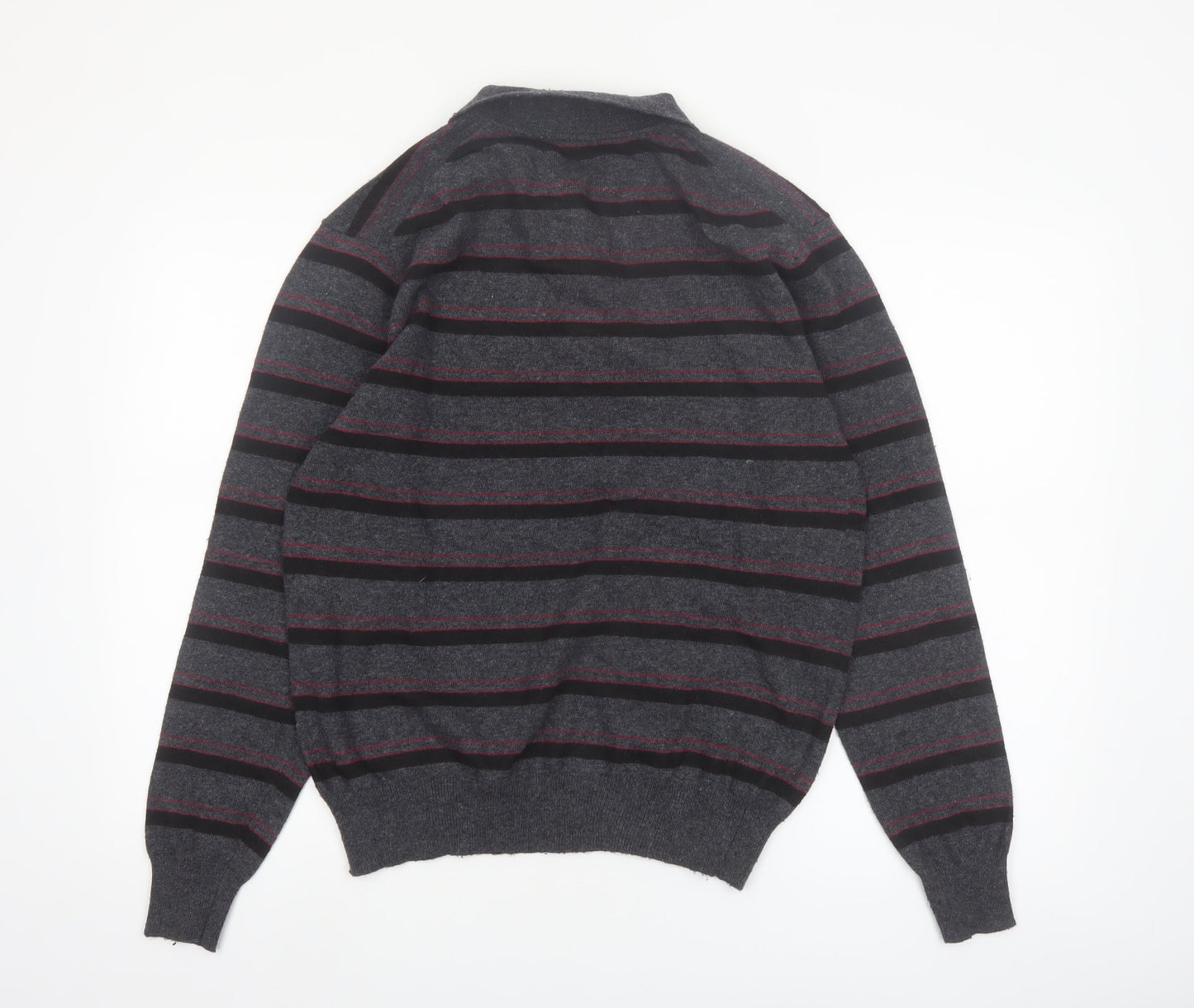 New Sensation Men's Grey Striped Wool Blend Collared Pullover Jumper L