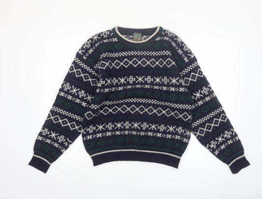 Boydex Men's Blue Wool Fair Isle Crew Neck Jumper Size S