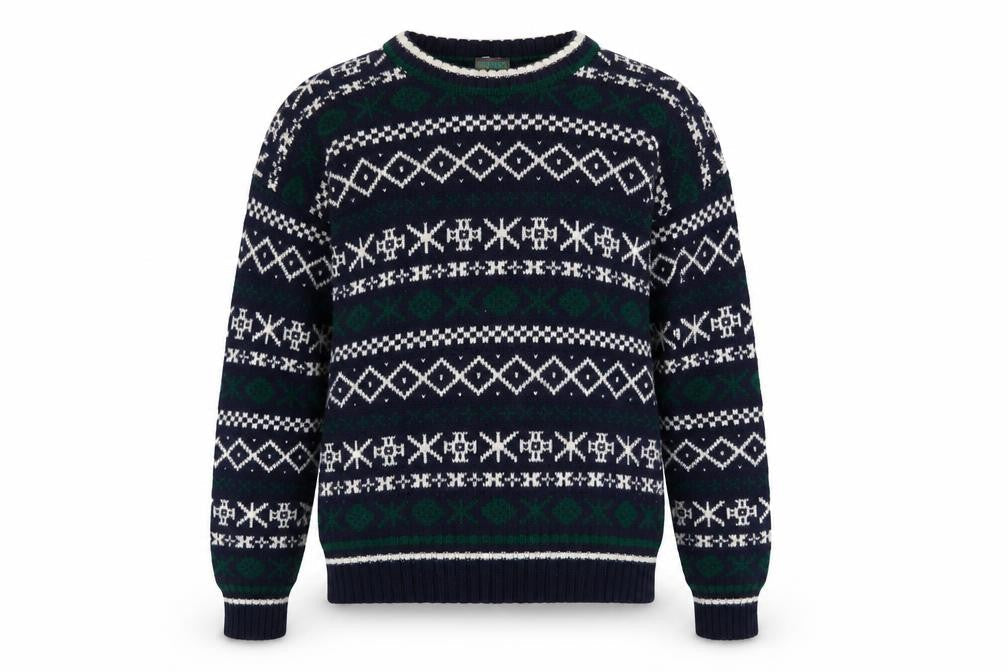 Boydex Men's Blue Wool Fair Isle Crew Neck Jumper Size S