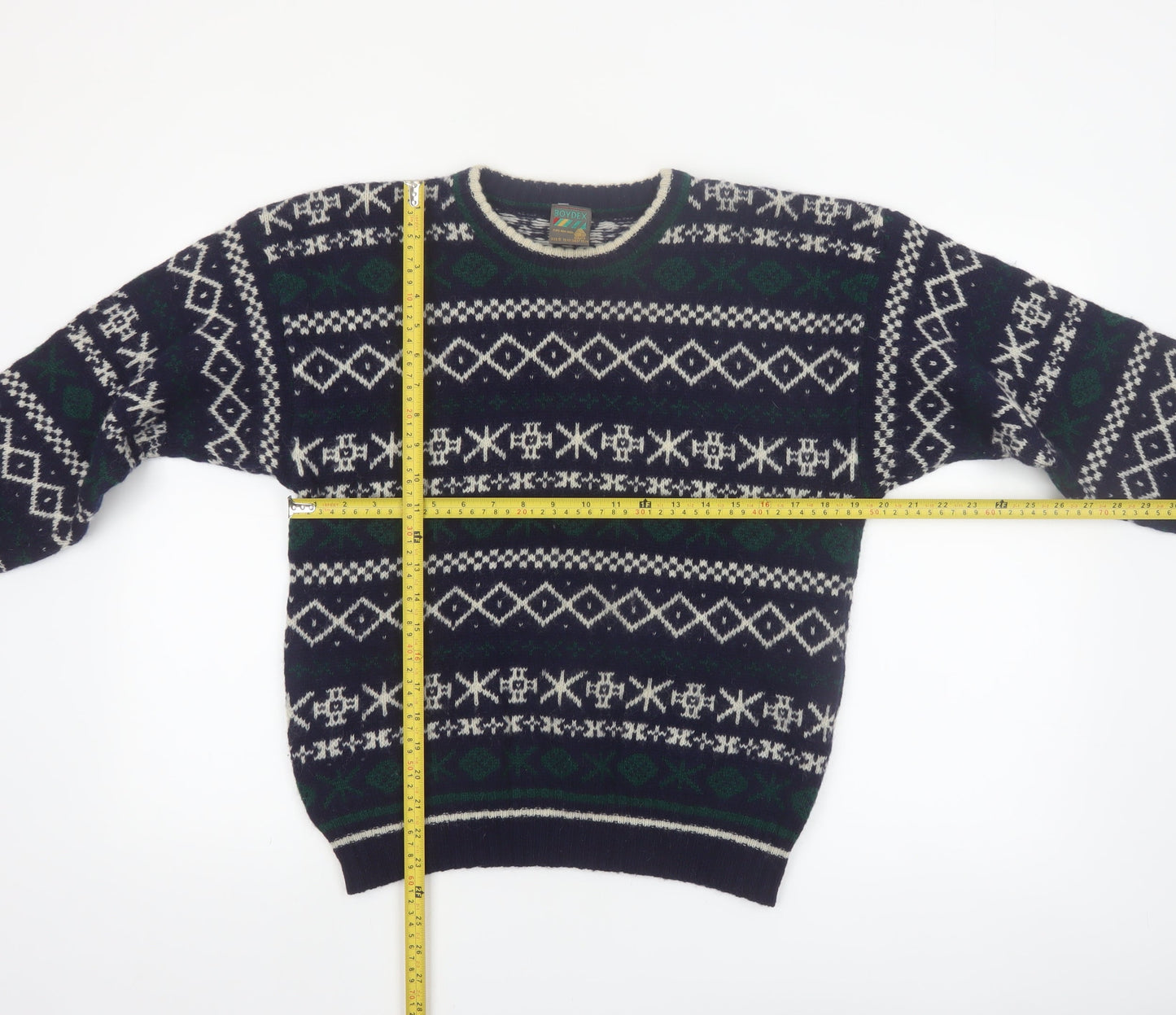 Boydex Men's Blue Wool Fair Isle Crew Neck Jumper Size S