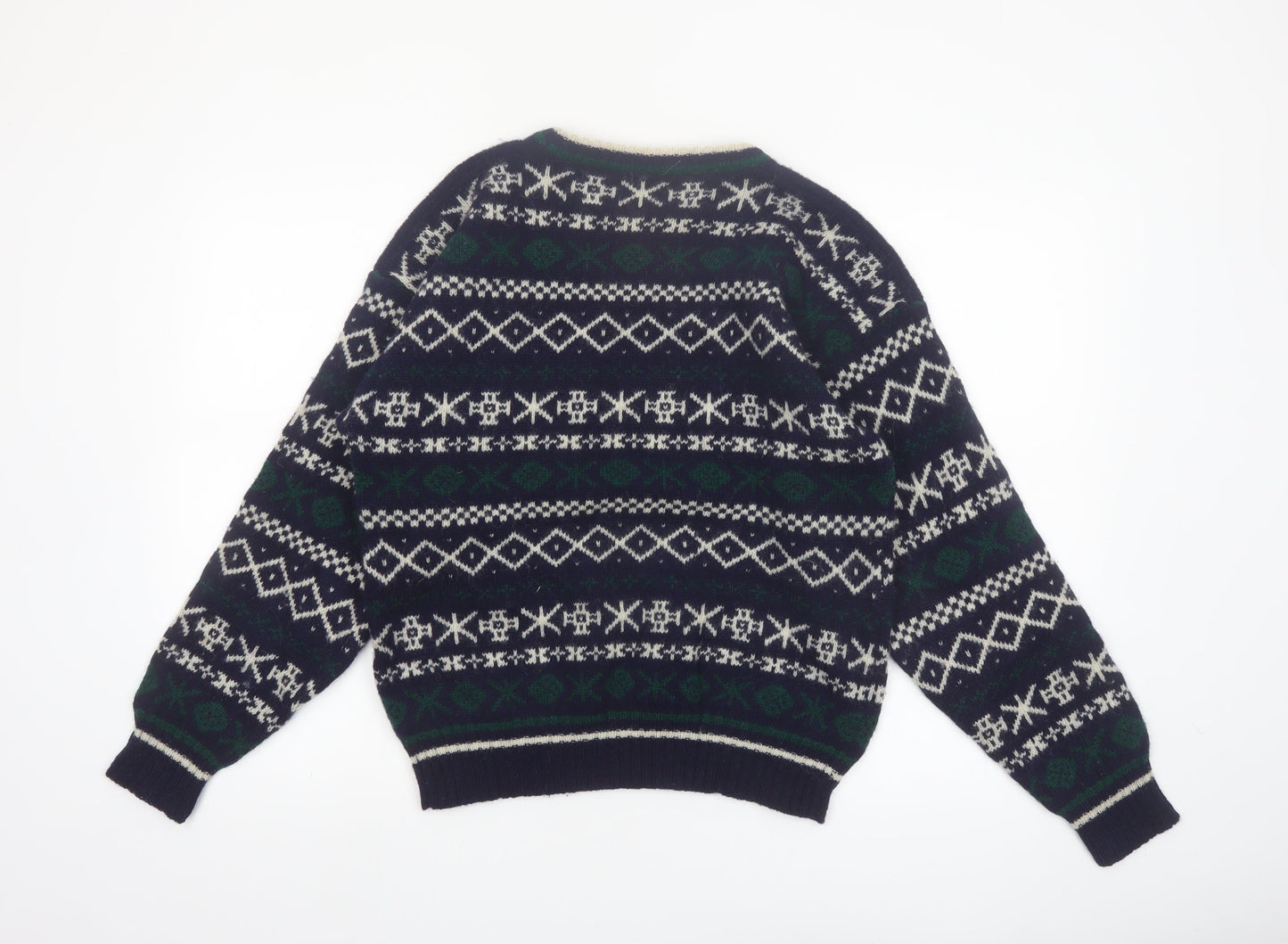 Boydex Men's Blue Wool Fair Isle Crew Neck Jumper Size S