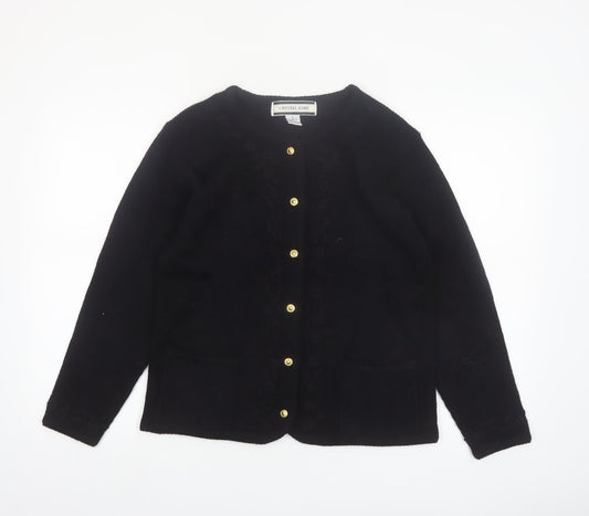 Crystal-Kobe Women's Black Knit Cardigan Small Crew Neck Vintage Style