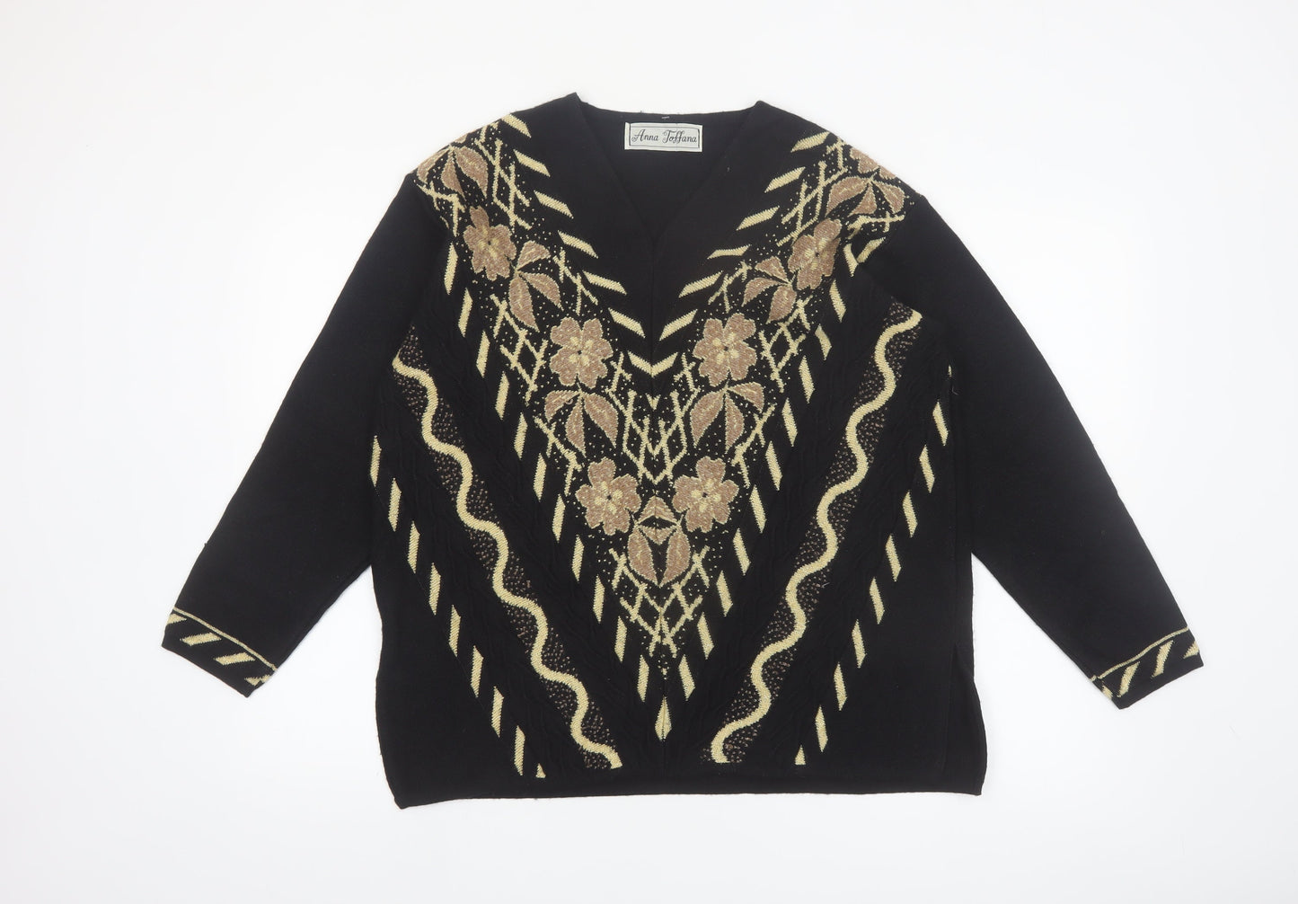 Anna Toffana Womens Black L V-Neck Floral Embroidered Knit Jumper