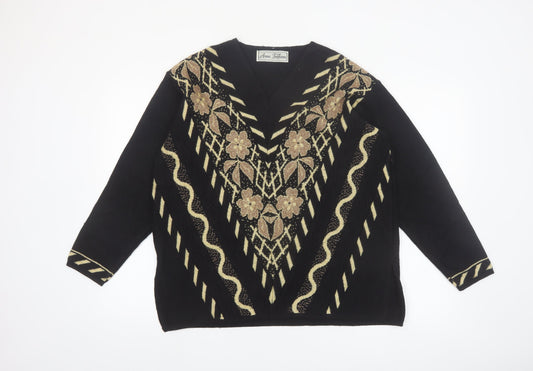 Anna Toffana Womens Black L V-Neck Floral Embroidered Knit Jumper