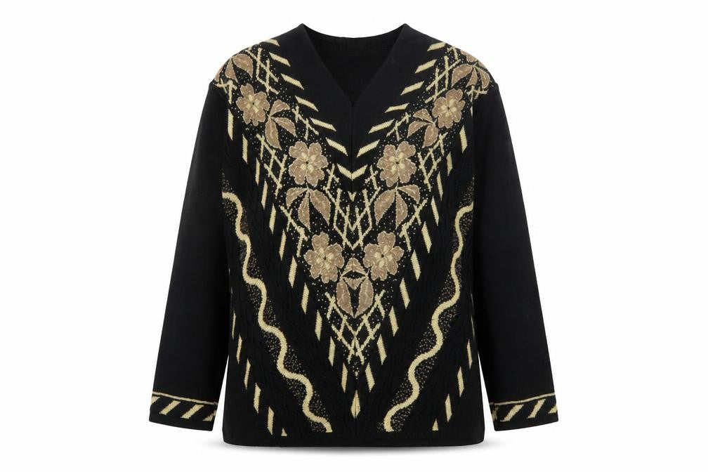 Anna Toffana Womens Black L V-Neck Floral Embroidered Knit Jumper
