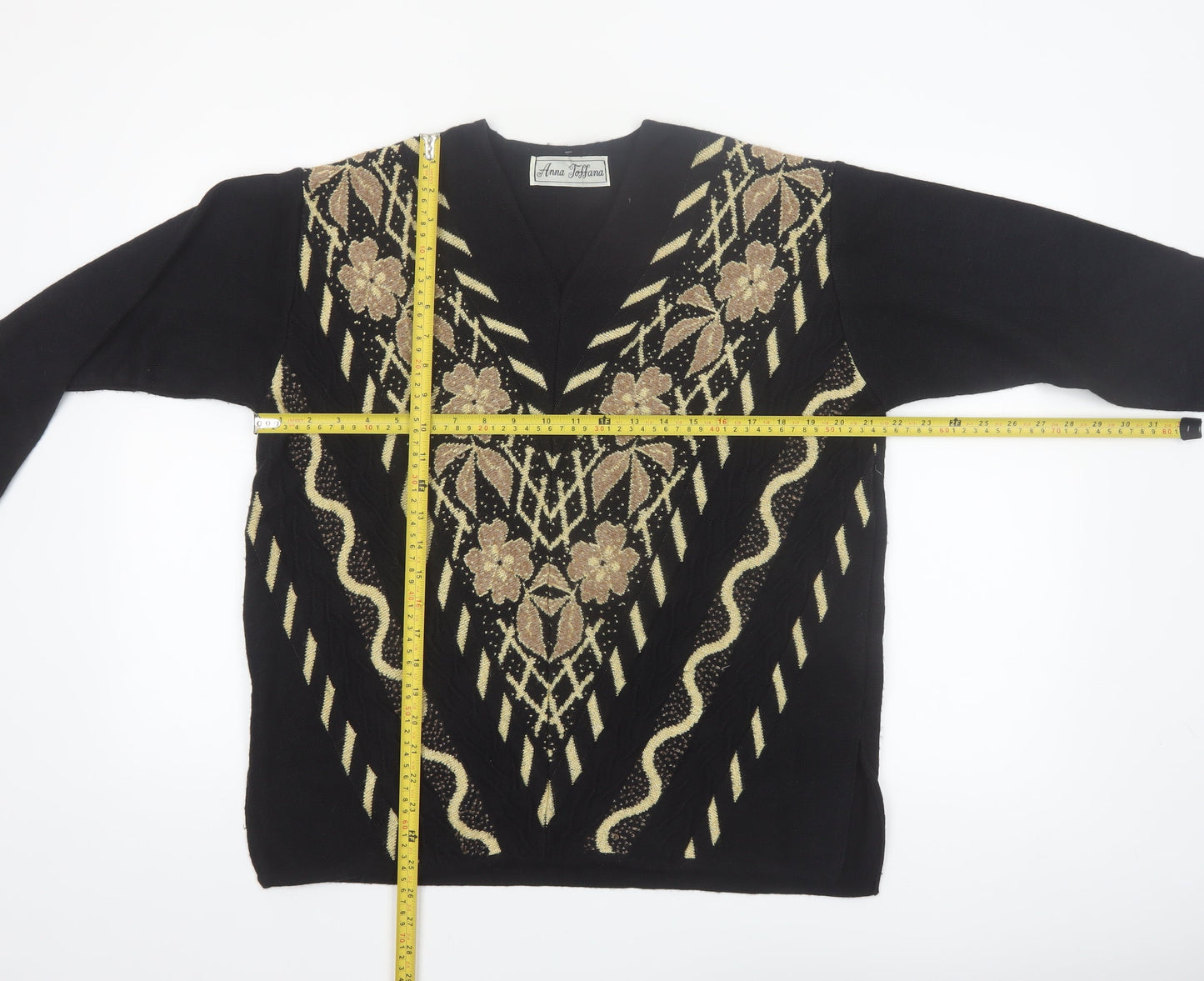 Anna Toffana Womens Black L V-Neck Floral Embroidered Knit Jumper