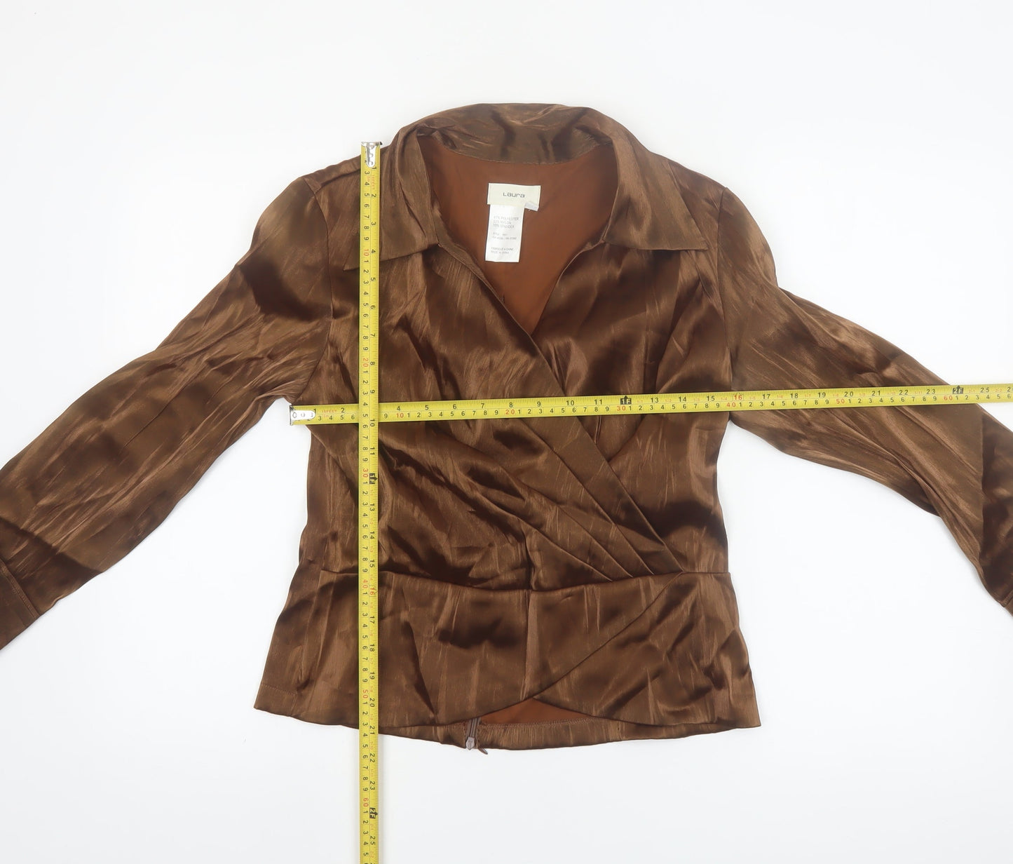 Laura Women’s Brown Satin Wrap Blouse Long Sleeve Size S