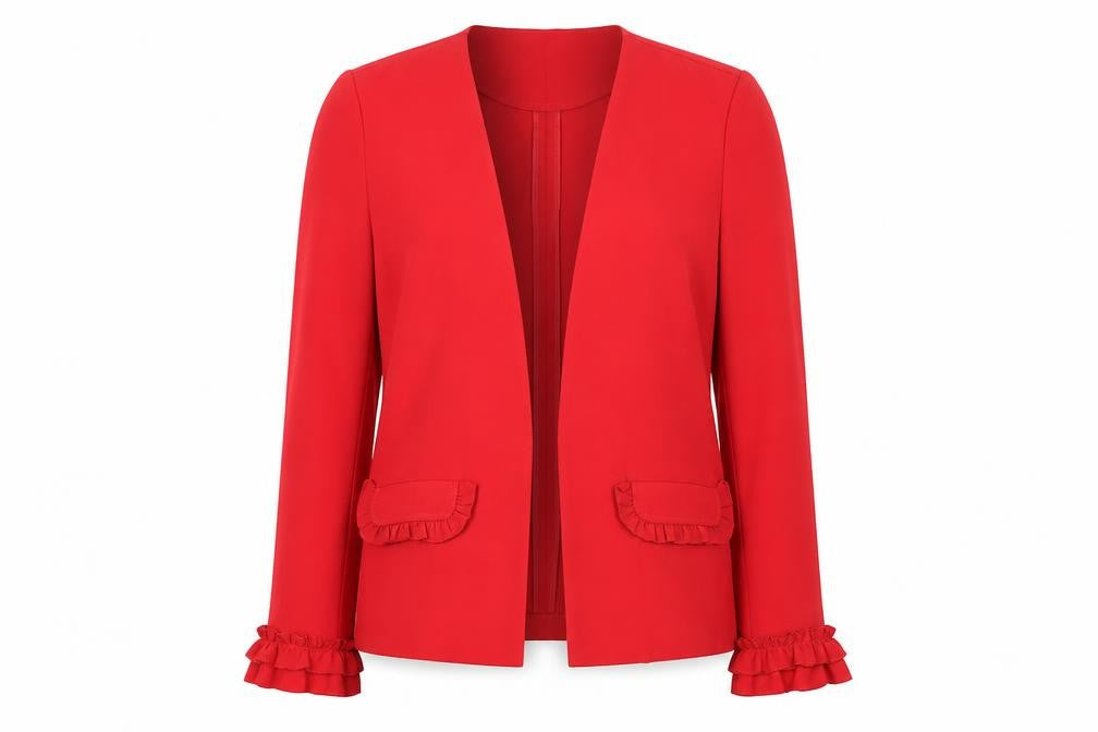 Soho Apparel Women’s Red Ruffle Sleeve Single Breasted Blazer Size S