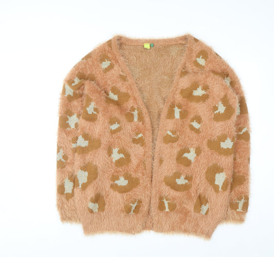 FARM Womens Brown Leopard Fluffy Open Knit Cardigan M