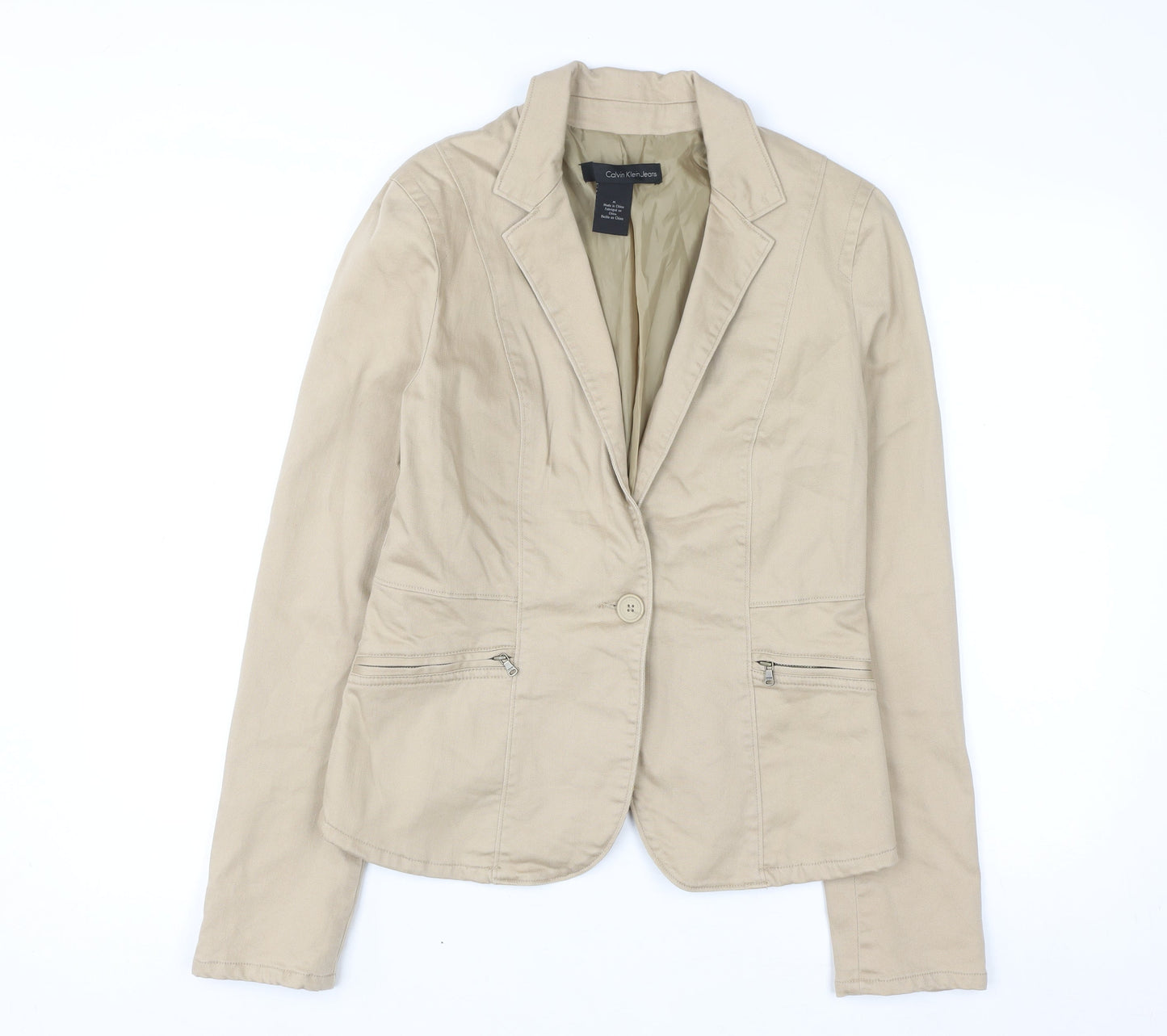 Calvin Klein Jeans Women Beige Blazer Size M Cotton Blend Jacket