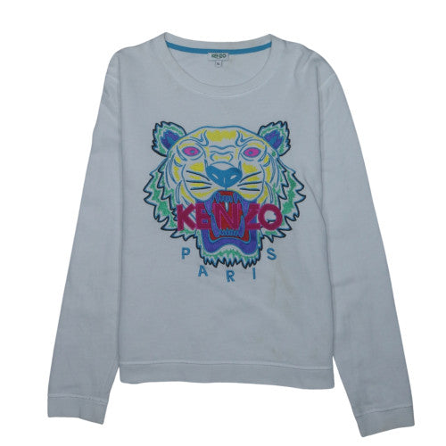 Kenzo Paris Womens White XL Pullover Sweatshirt Tiger Embroidered Cotton