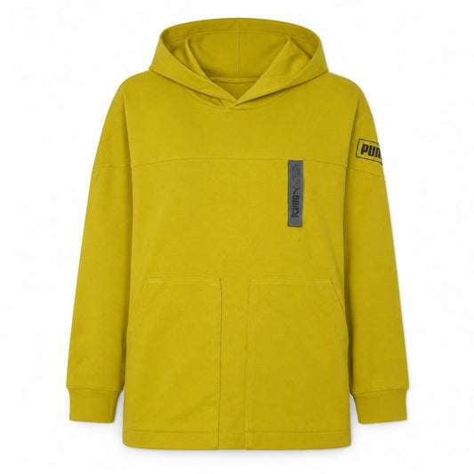 Front view of Puma women’s yellow pullover hoodie sweatshirt, size S, casual cotton blend