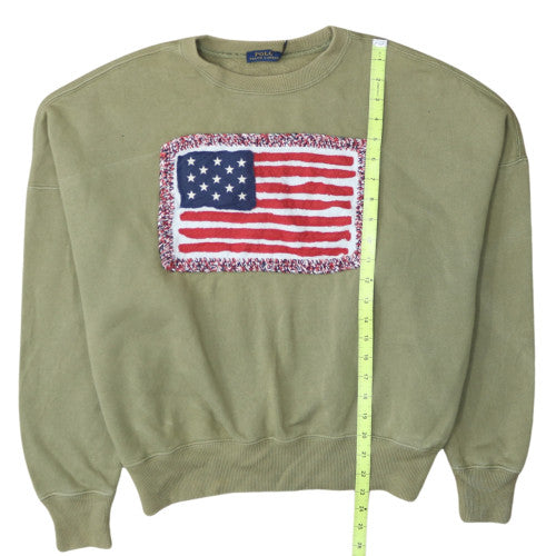 Polo Ralph Lauren Womens Khaki Green XS Pullover Sweatshirt American Flag