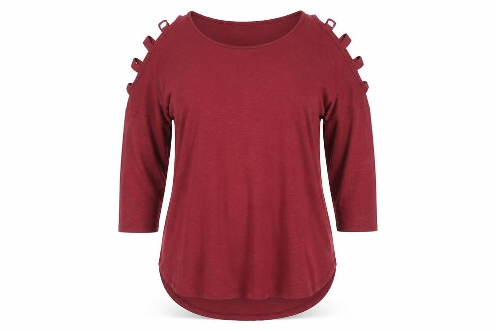 Papaya Women's Red Cold Shoulder 3/4 Sleeve Jersey T-Shirt L