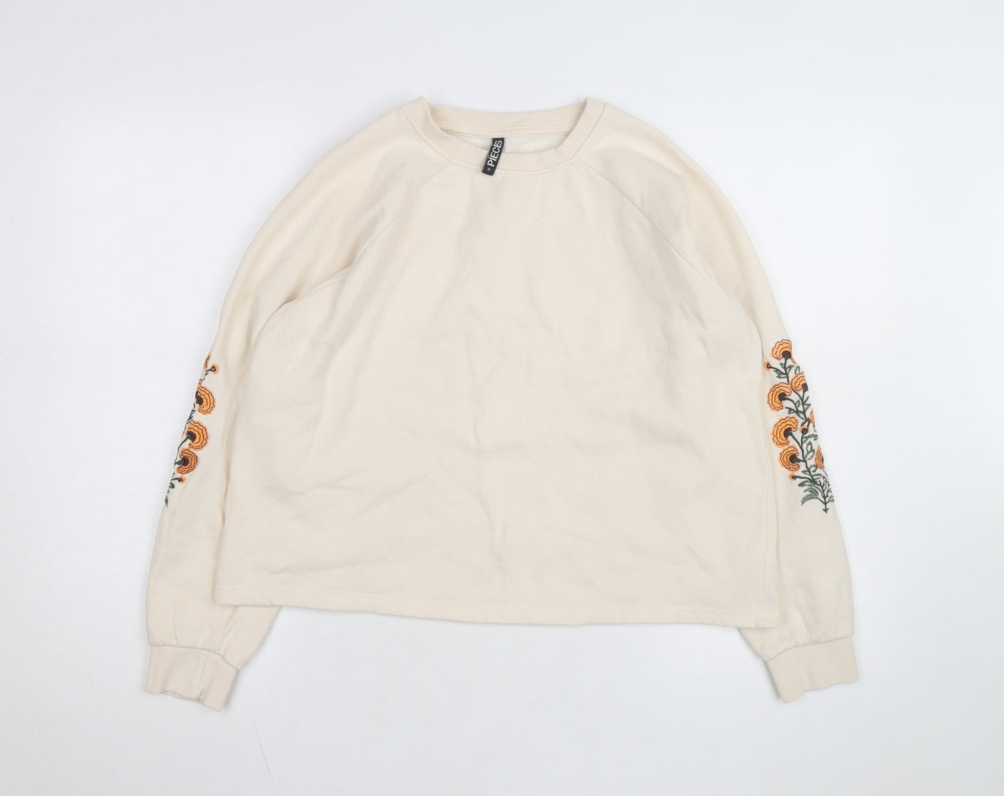 Pieces Women Beige Embroidered Pullover Sweatshirt M