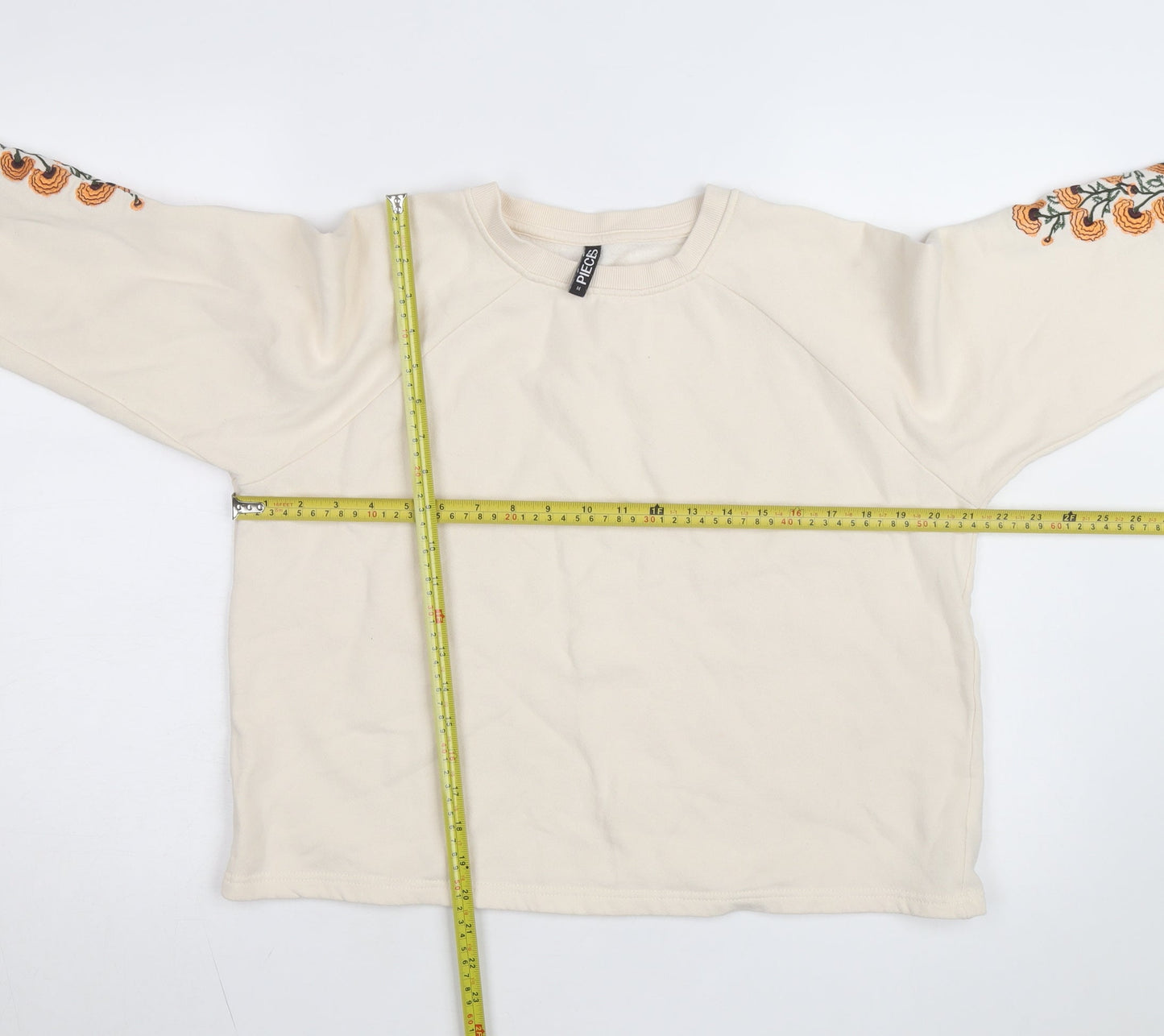 Pieces Women Beige Embroidered Pullover Sweatshirt M