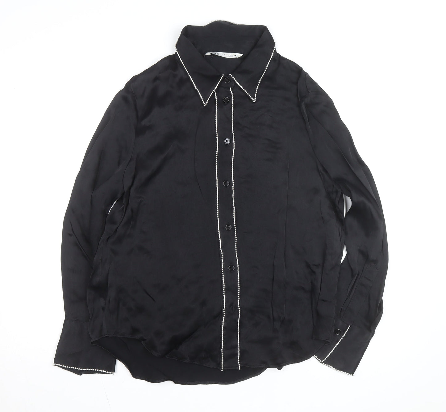Zara Women Black Beaded Collared Satin Button-Up Shirt Size 14