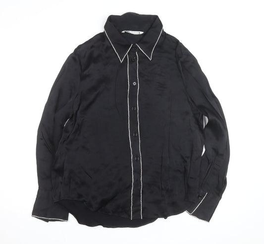 Zara Women Black Beaded Collared Satin Button-Up Shirt Size 14