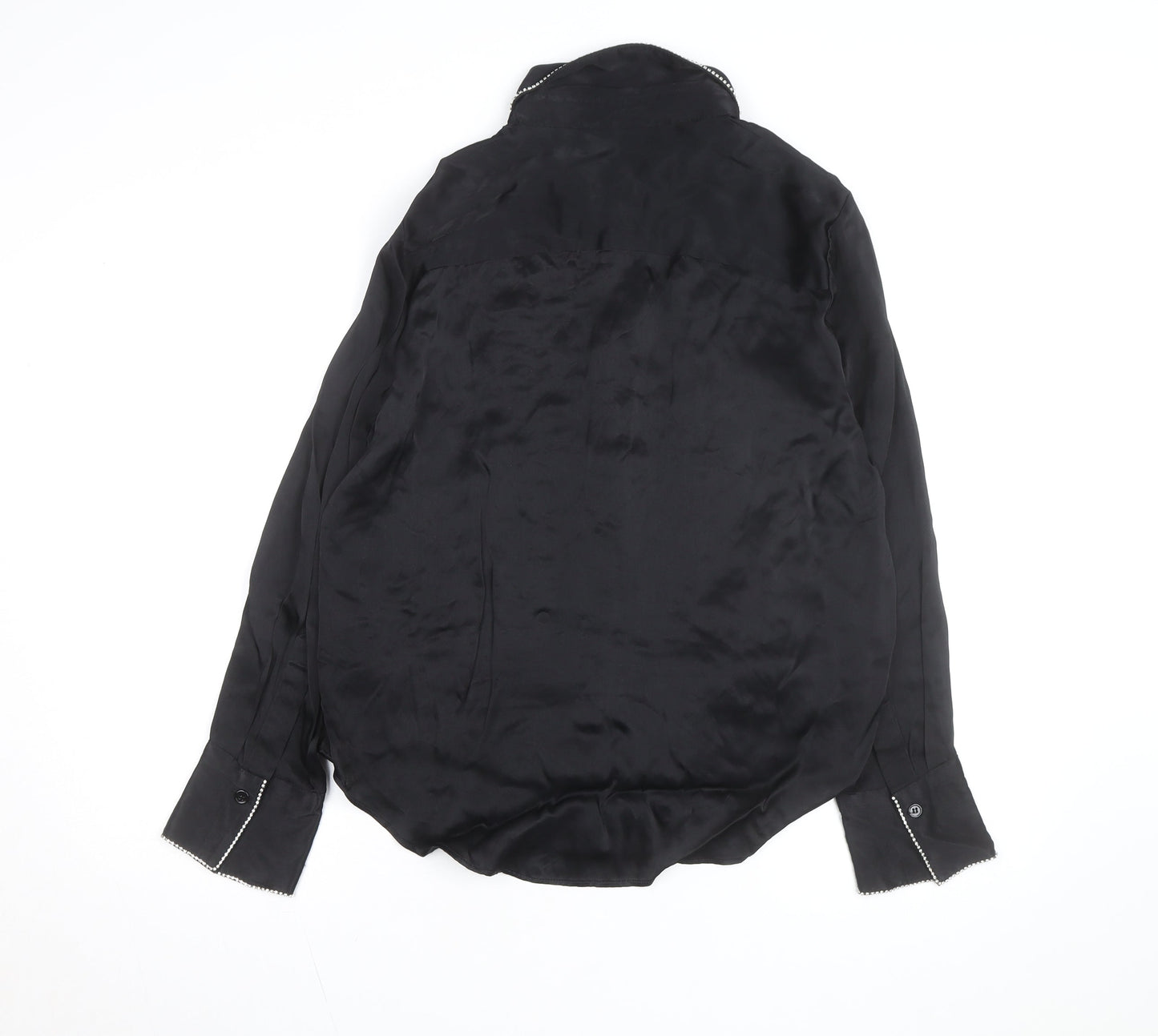 Zara Women Black Beaded Collared Satin Button-Up Shirt Size 14