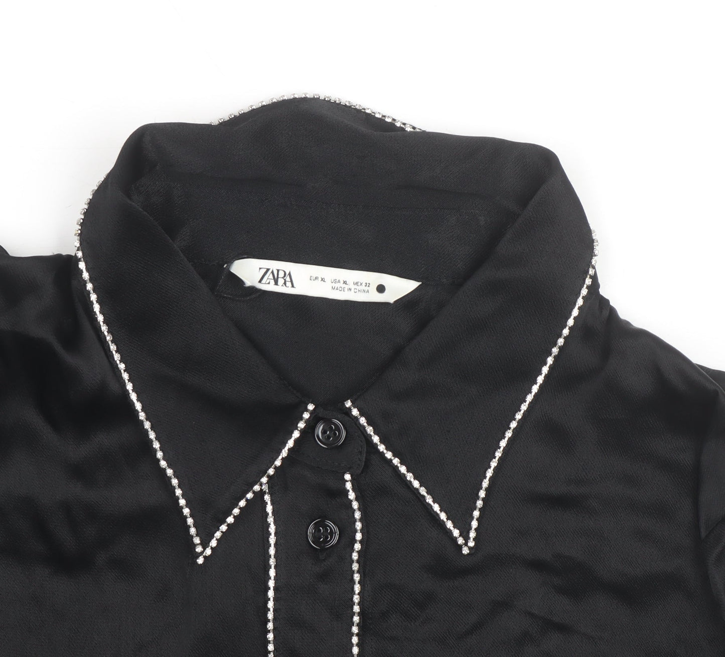 Zara Women Black Beaded Collared Satin Button-Up Shirt Size 14