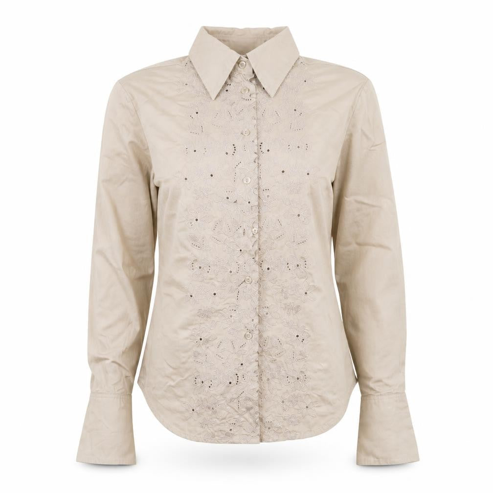 Mango Women's Beige Embroidered Button-Up Long Sleeve Shirt XS